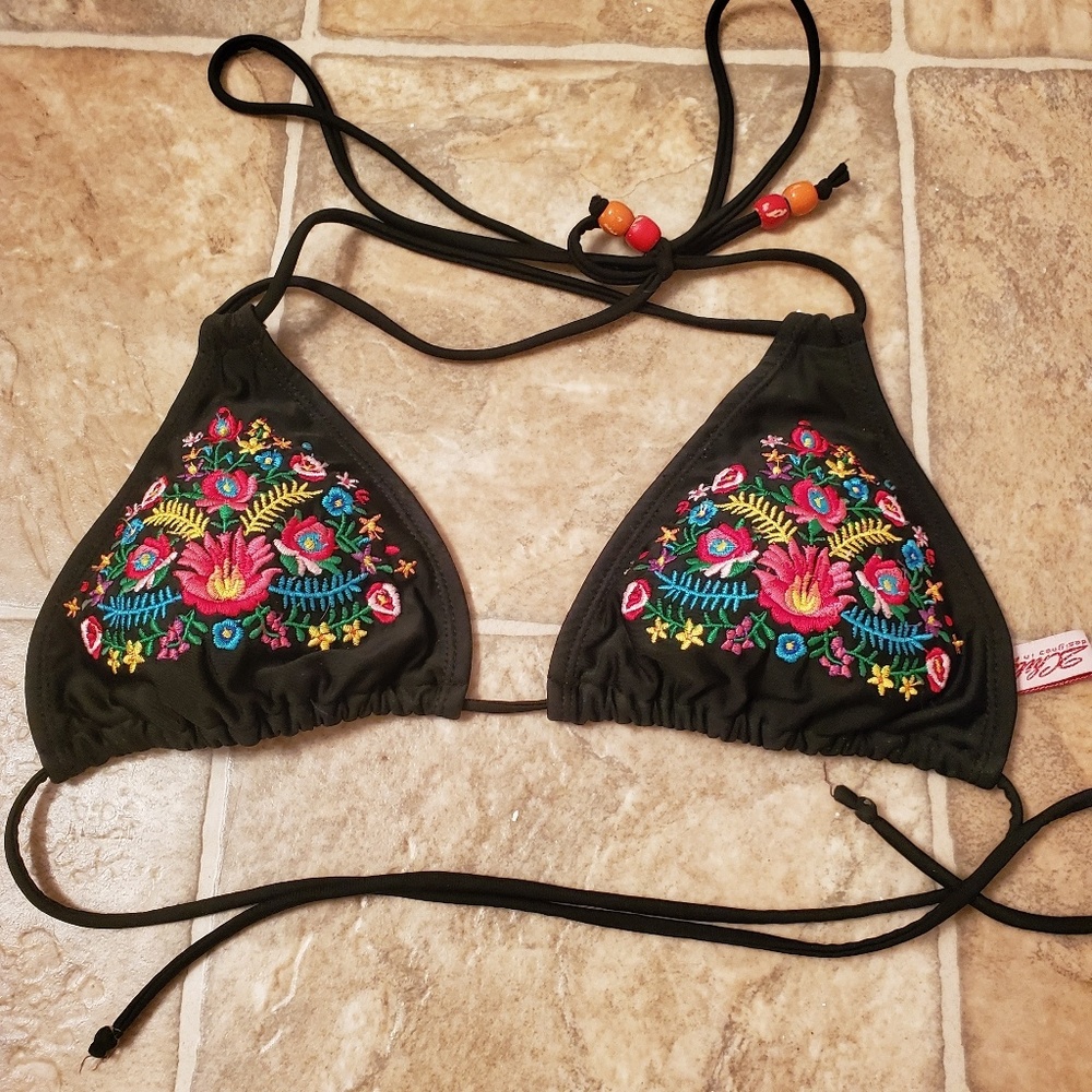 Black bikini top with embroidered flowers, beads